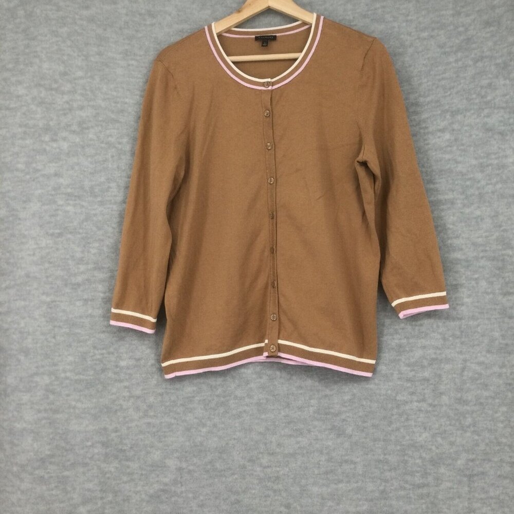 Talbots Cardigan Sweater Large Brown Button Knit Tan Work Career Soft